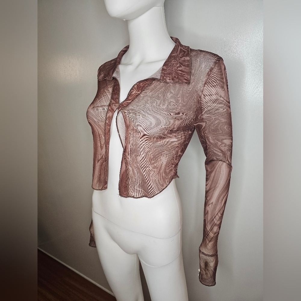 Sheer Marble Print Open Front Blouse Retro Y2k Size Small Long Sleeve